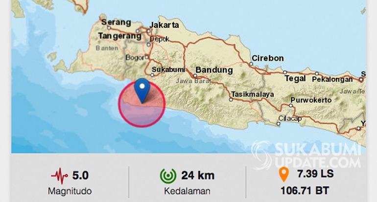 Gempa dengan Kekuatan Magnitude 5.0 Mengguncang Kabupaten Sukabumi